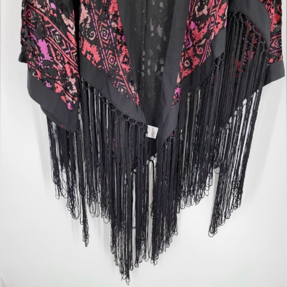 IDYLLWIND Kimono Black Pink Red Fringed Stunning Velvet Burnout Cardigan NWT 🖤💗 - Picture 11 of 16